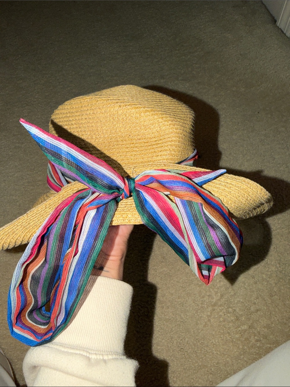 Striped Multicolor Scarf Sun Hat - Yellow Straw